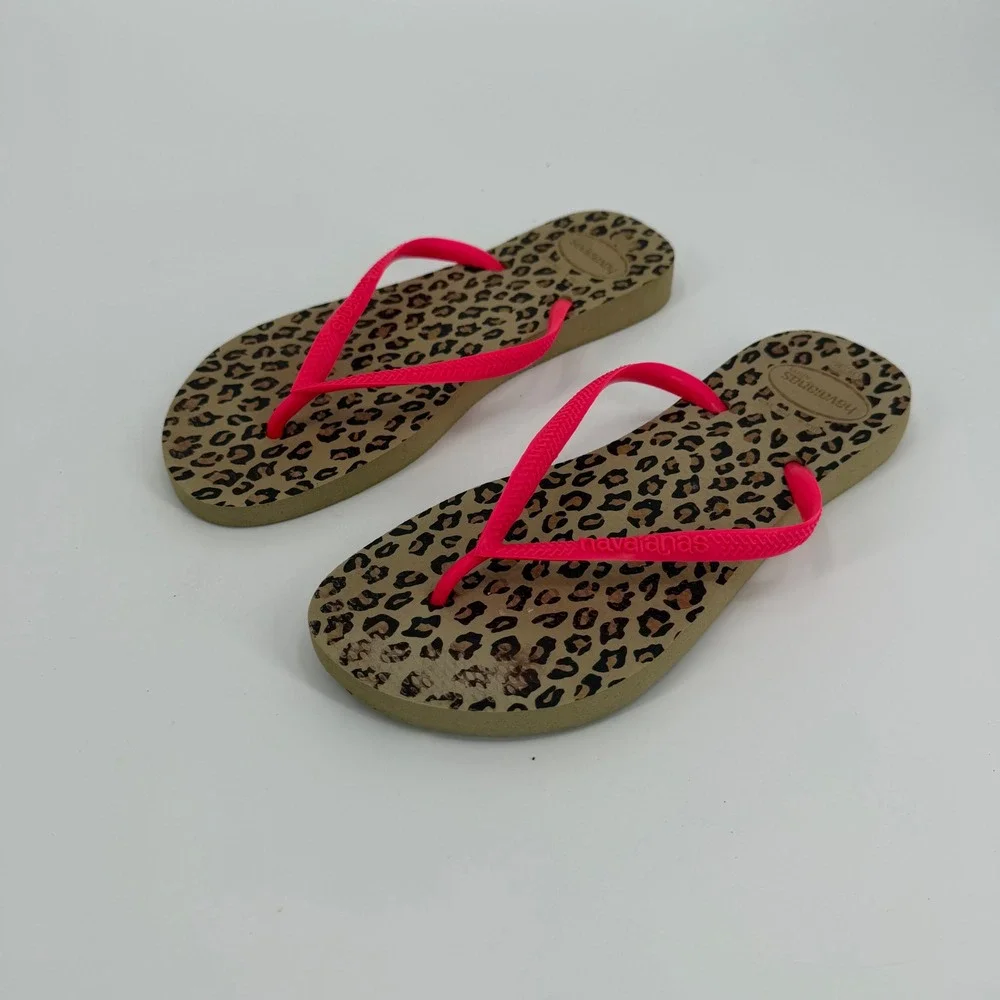 Havaianas Slim Leopard Flip Flops Neon Pink Straps Animal Print Womens Size 6